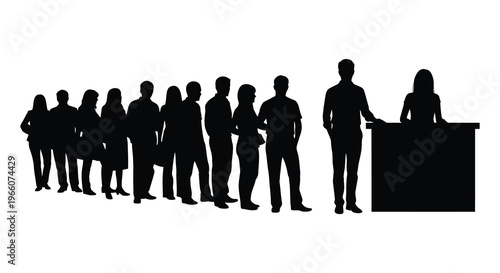 A line of people waiting illustrating a queue or process shown as a stark black silhouette high quality professional detailed modern