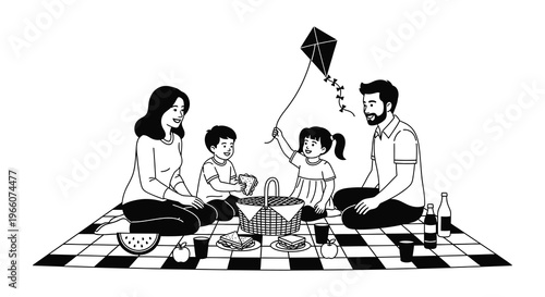 A family enjoys a cheerful picnic outdoors complete with a kite food and a blanket a striking silhouette high quality professional detailed