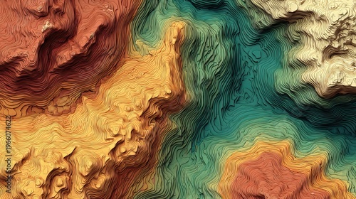 A vibrant abstract representation of a landscape with colorful wavy patterns