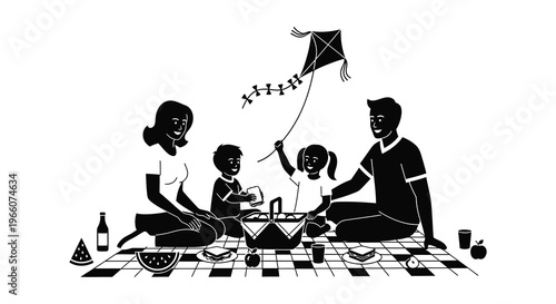 A family enjoys a picnic outdoors a kite soaring above depicted in a striking black silhouette high quality professional detailed modern
