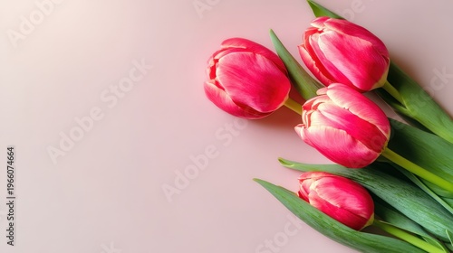 Closeup of a bouquet filled with pink tulips on a pastel background shows vibrant flowers perfect for any decoration or celebration