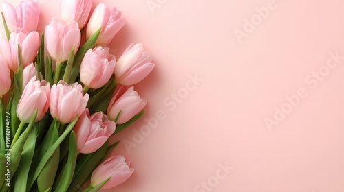 Closeup of a bouquet filled with pink tulips on a pastel background shows vibrant flowers perfect for any decoration or celebration