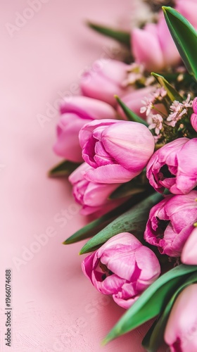 Closeup of a bouquet filled with pink tulips on a pastel background shows vibrant flowers perfect for any decoration or celebration