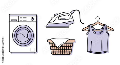 Vector illustration of laundry icons including washing machine iron basket and clothes on hanger, Generative AI.