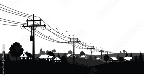 A stark black and white landscape depicts power lines birds and houses rendered as a dramatic silhouette high quality professional detailed