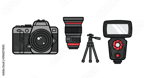 A set of photography equipment including a camera lens tripod and flash, Generative AI.