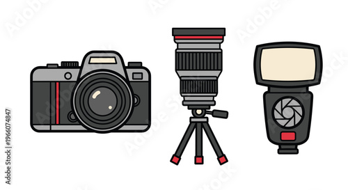 A set of photography equipment including a camera lens on a tripod and a flash, Generative AI.