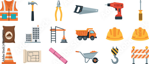 Construction Tools and Equipment Vector Icons Set Featuring Hammer, Drill, Saw, Blueprint, Truck, Hard Hat, and More for Industrial and Building Projects