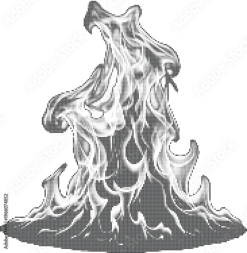 Flowing molten liquid splash halftone design concept with dots texture for abstract fire and volcanic energy.