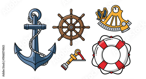 Nautical icons including anchor ship wheel lifebuoy and sextant, Generative AI.
