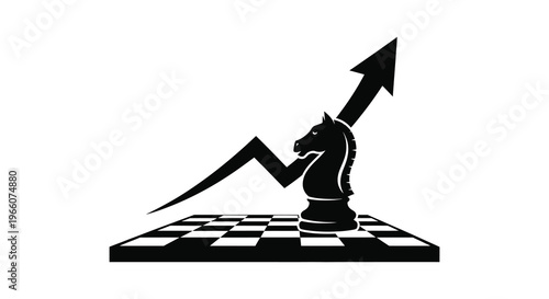 A black horse head emerges from a chessboard riding an upward trend line depicted as a striking silhouette high quality professional