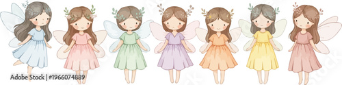 Seven girls in different colored dresses standing in a row with angelic wings and long hair