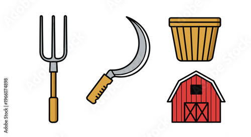 A colorful illustration of farm tools and a barn, Generative AI.