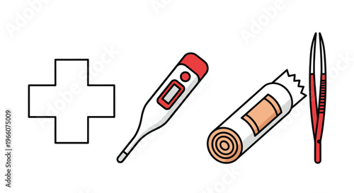Medical supplies including a cross digital thermometer bandage and tweezers on a for healthcare and first aid concepts, Generative AI.