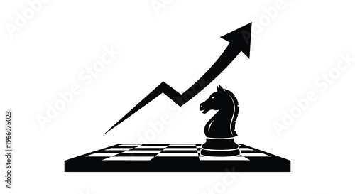 A black chess knight stands on a board as an arrow points upwards symbolizing strategic growth silhouette high quality professional