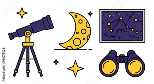 A colorful illustration of a telescope moon stars and binoculars on a perfect for astronomy and stargazing themes, Generative AI.