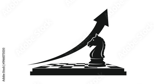 A black chess knight stands on a board with an upward pointing arrow representing strategic advancement a silhouette high quality professional