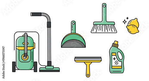 A colorful illustration of various cleaning tools and supplies on a including a vacuum cleaner dustpan broom sponge squeegee and cleaning solution, Generative AI.