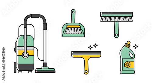 Colorful illustration of various cleaning tools and supplies, Generative AI.