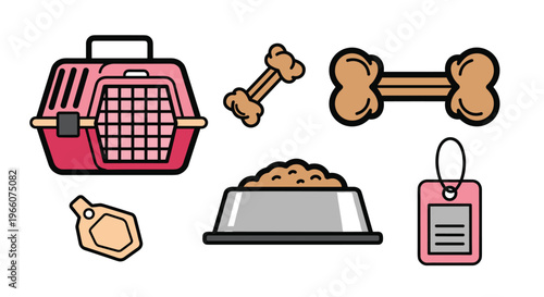 Colorful pet accessories including pink carrier and food bowl, Generative AI.