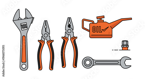 A set of various tools including pliers wrench and oil can, Generative AI.