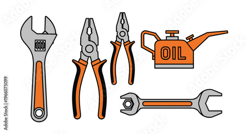 A set of various tools including a wrench pliers and oil can on a for repair and maintenance work, Generative AI.