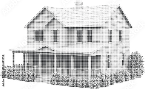 Large suburban estate house halftone design concept with dots texture for high-end real estate and construction.