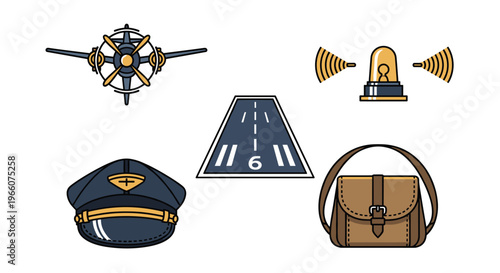 Vector illustration of various airport and travel related icons on a including a plane propeller runway pilot hat bag and light, Generative AI.