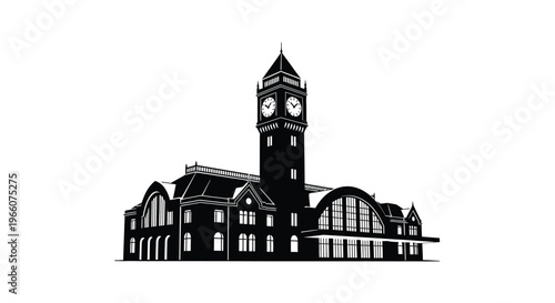 A striking black silhouette of a historic train station with a prominent clock tower showcasing detailed architectural features silhouette high quality