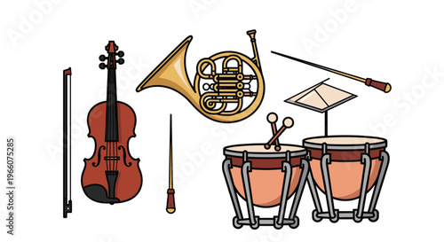 A colorful illustration of various musical instruments including a violin french horn and drums, Generative AI.