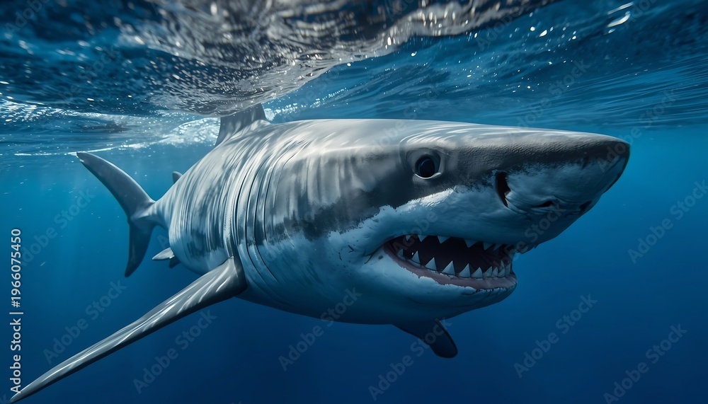 Fototapeta premium A formidable great white shark with its mouth wide open, revealing sharp teeth, glides menacingly underwater.