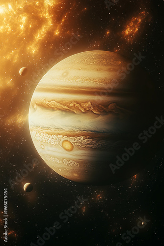 planet jupiter seen far from space with his satellight