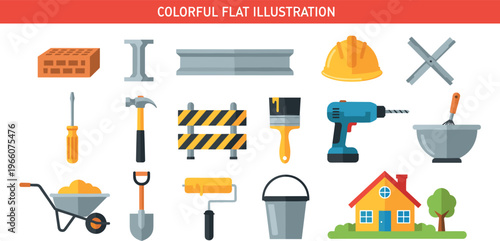 Colorful Flat Construction Tools Vector Illustration with Hammer, Screwdriver, Drill, Paint, Bucket, and House for DIY, Home Improvement, and Building Projects