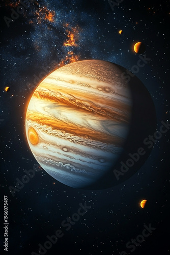 planet jupiter seen far from space with his satellight