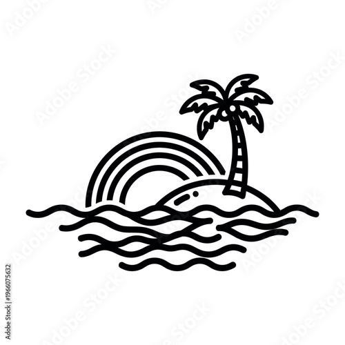 Minimalist black and white icon of a tropical island with palm tree and rainbow.