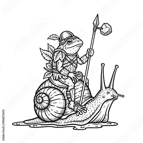 Frog Knight Riding Snail Warrior with Spear, Fantasy Creature, Medieval Armor, Black and White
