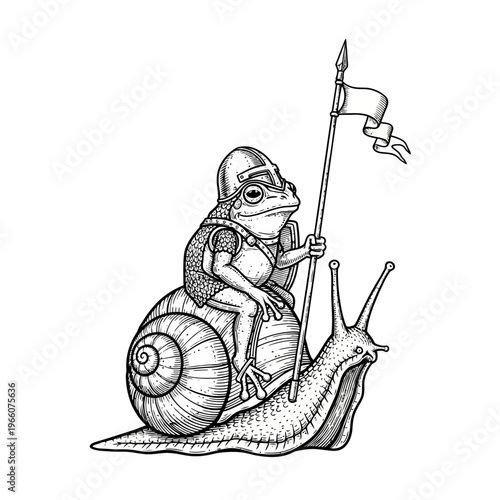 Frog Knight Riding Snail with Flag, Fantasy Medieval Creature Illustration