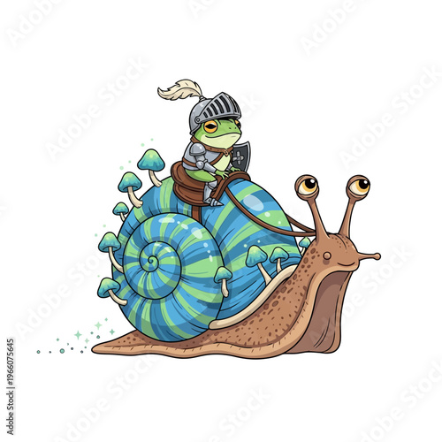Frog Knight Riding Snail with Mushrooms, Fantasy Creature, Whimsical Adventure