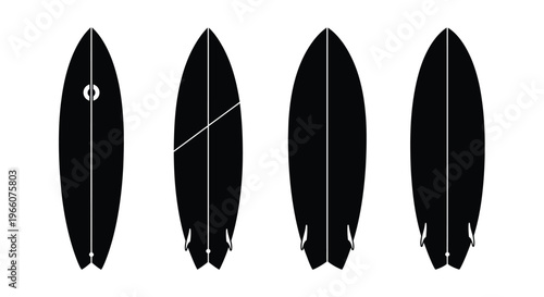 Four surfboard designs displayed as black shapes a striking silhouette