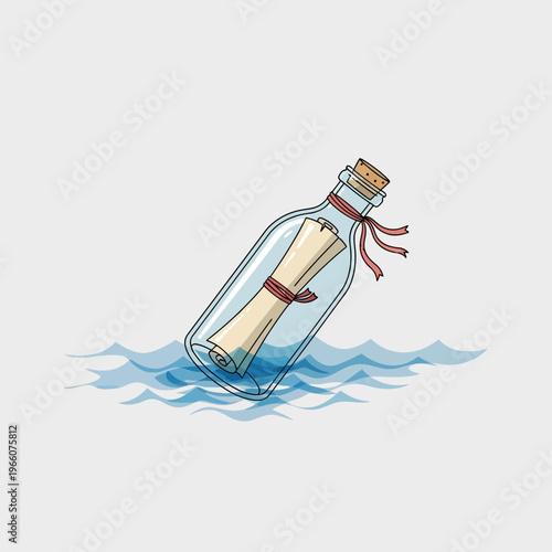 Message in a bottle floating on ocean waves, rolled scroll tied with ribbon