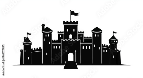 A striking black silhouette depicts a medieval castle with multiple towers and fluttering flags creating a dramatic silhouette high quality professional