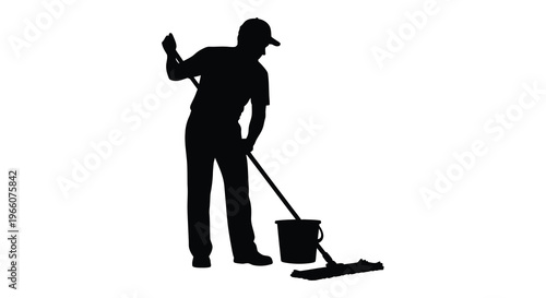 A solitary figure shown in black appears to be cleaning a floor with a mop and bucket silhouette high quality professional