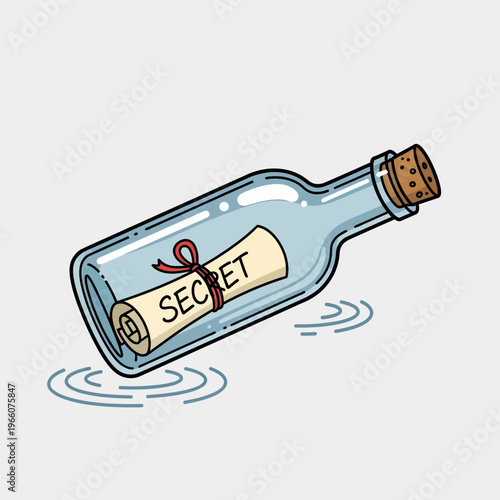 Message in a bottle floating on water with the word SECRET written on the scroll