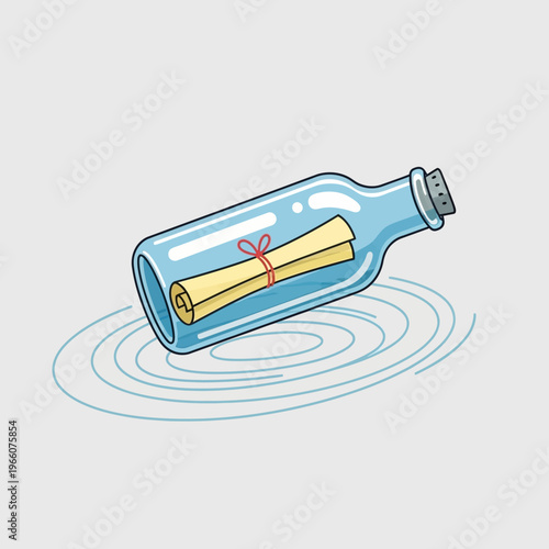 Message in a bottle floating on water, rolled paper with red ribbon, communication, hope, mystery
