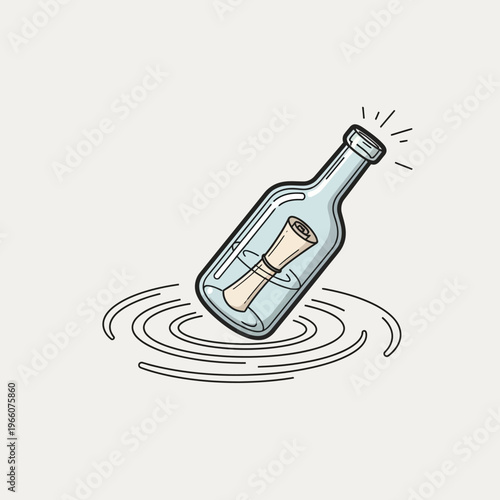 Message in a bottle floating on water with ripples, symbolizing hope, communication, and adventure.