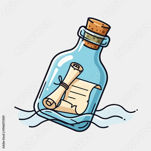 Message in a bottle floating on water, rolled scroll inside, cork stopper, communication concept