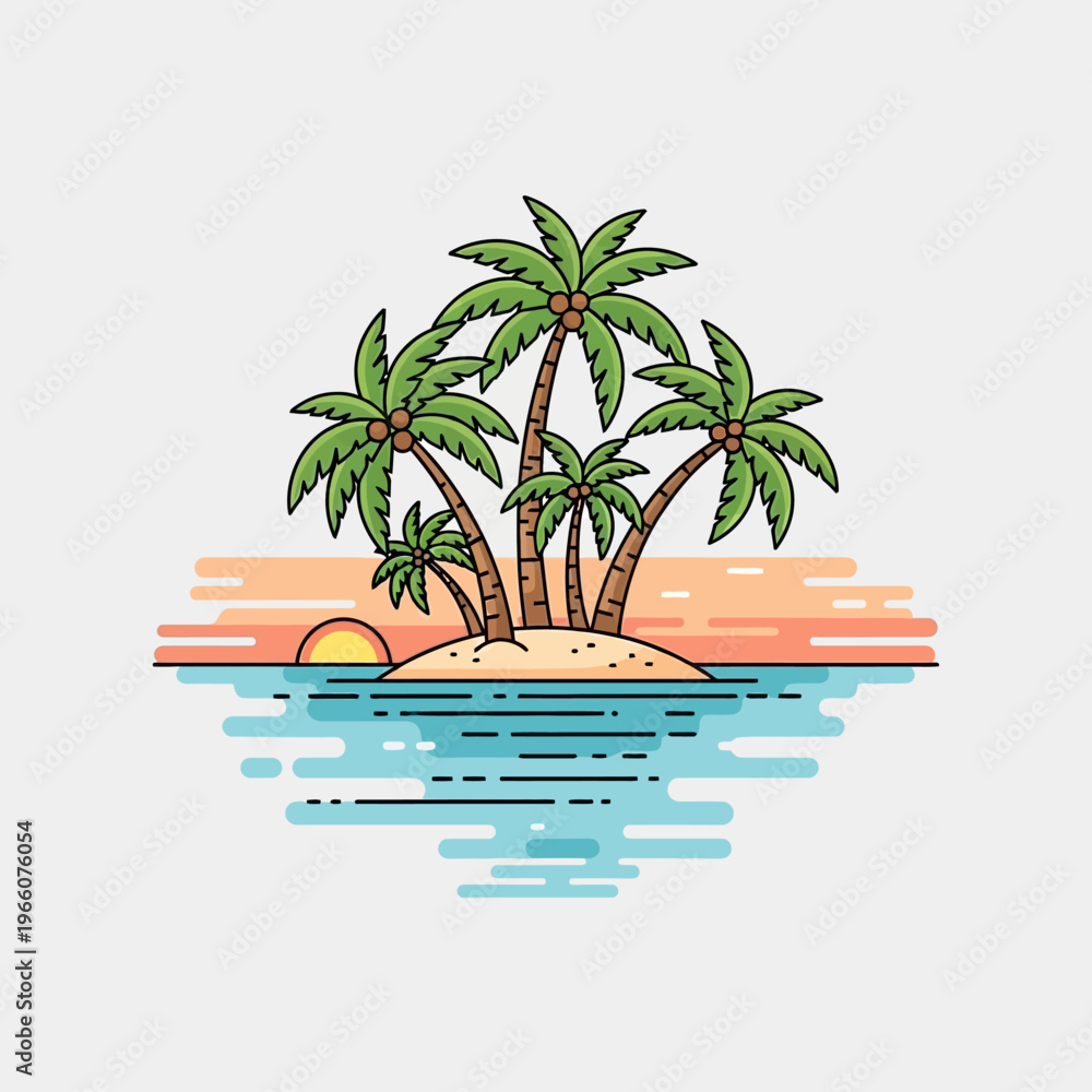 Fototapeta premium Tropical Island Paradise: Palm Trees on Sandy Islet at Sunset, Ocean View