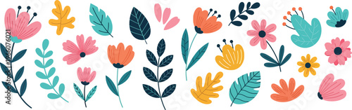 Colorful floral pattern with various flowers and leaves on white background