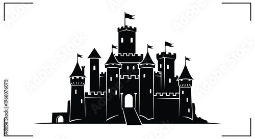 A striking black silhouette of a medieval castle with multiple towers and fluttering flags a dramatic silhouette high quality professional detailed
