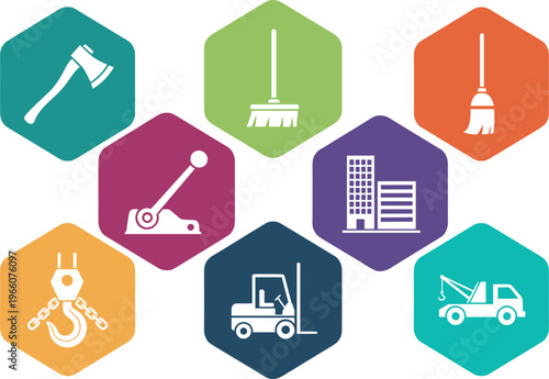 Construction Tools and Equipment Vector Icons Set Featuring Hammer, Broom, Crane, Forklift, Tow Truck, and Building for Industrial and Construction Projects